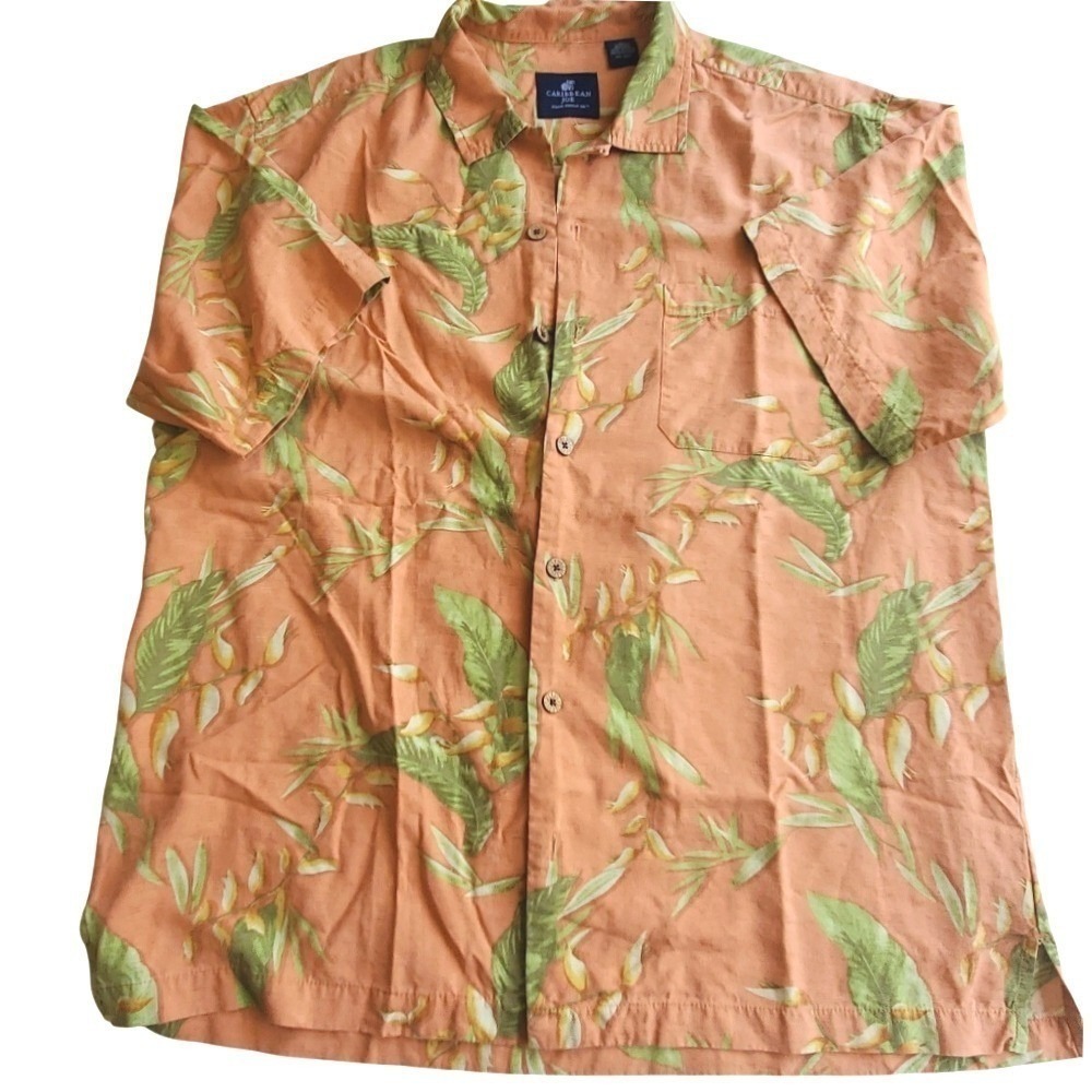 Caribbean Joe Silk Button Up Shirt Orange Floral Tropical Hawaiian Camp Aloha XL